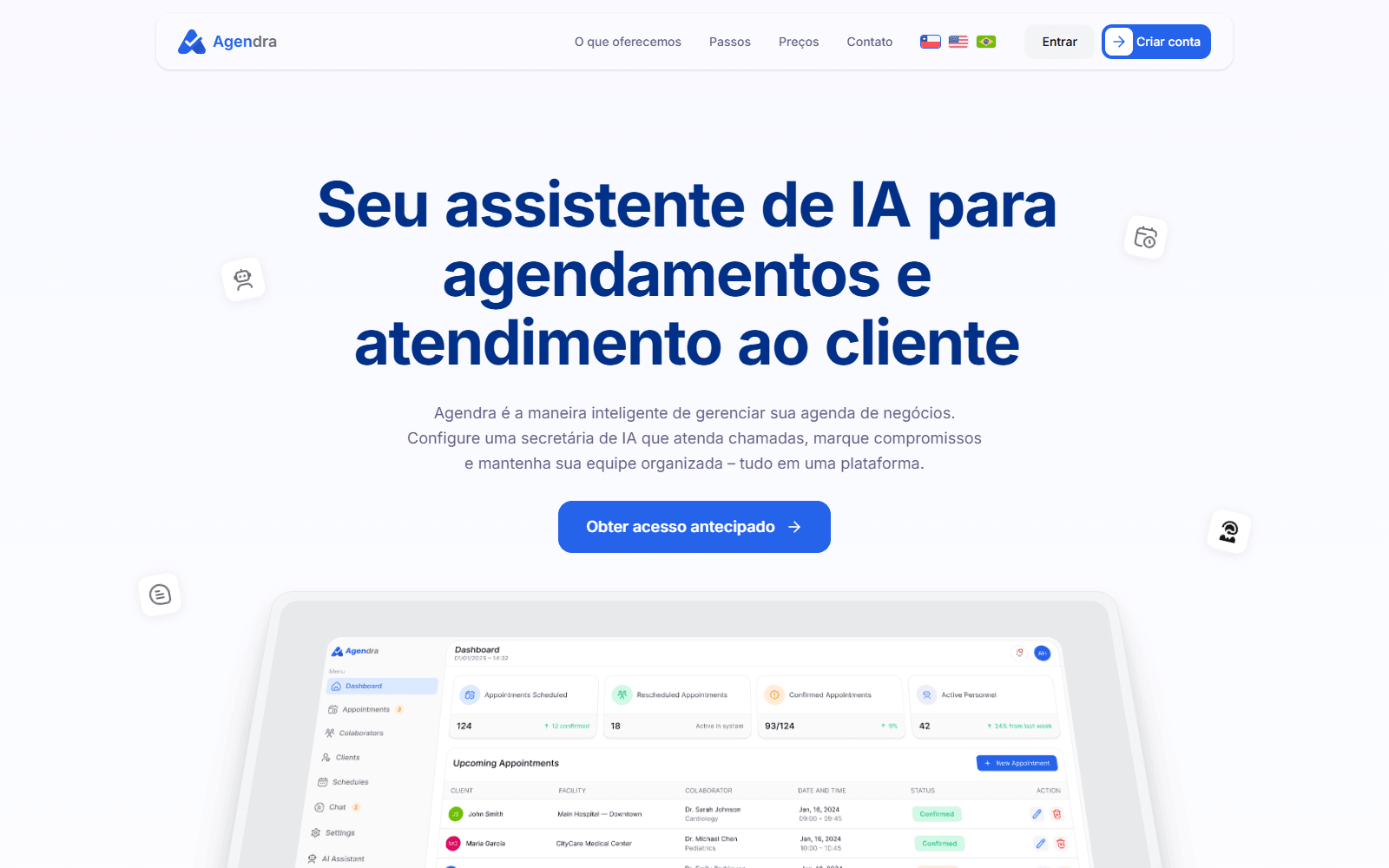 Página inicial pública de Agendra AI